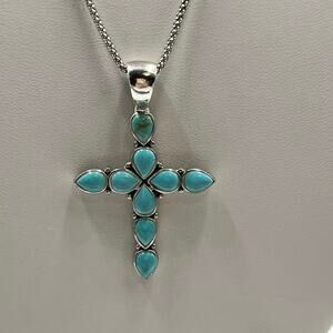 Vintage Sterling Silver Turquoise Cross Pendant Necklace‎ Designer Signed